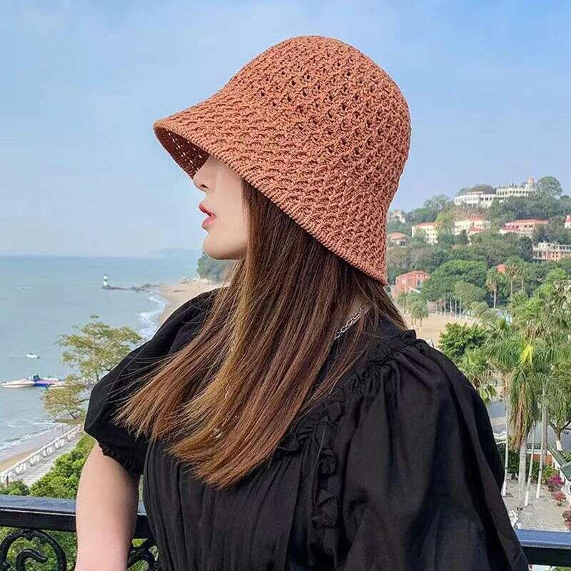 Product Introduction of Bucket Spring Summer Hollow Knitted Hat Solid Color Sunhat Fisherman Caps Casual Foldable Beach Cap 31