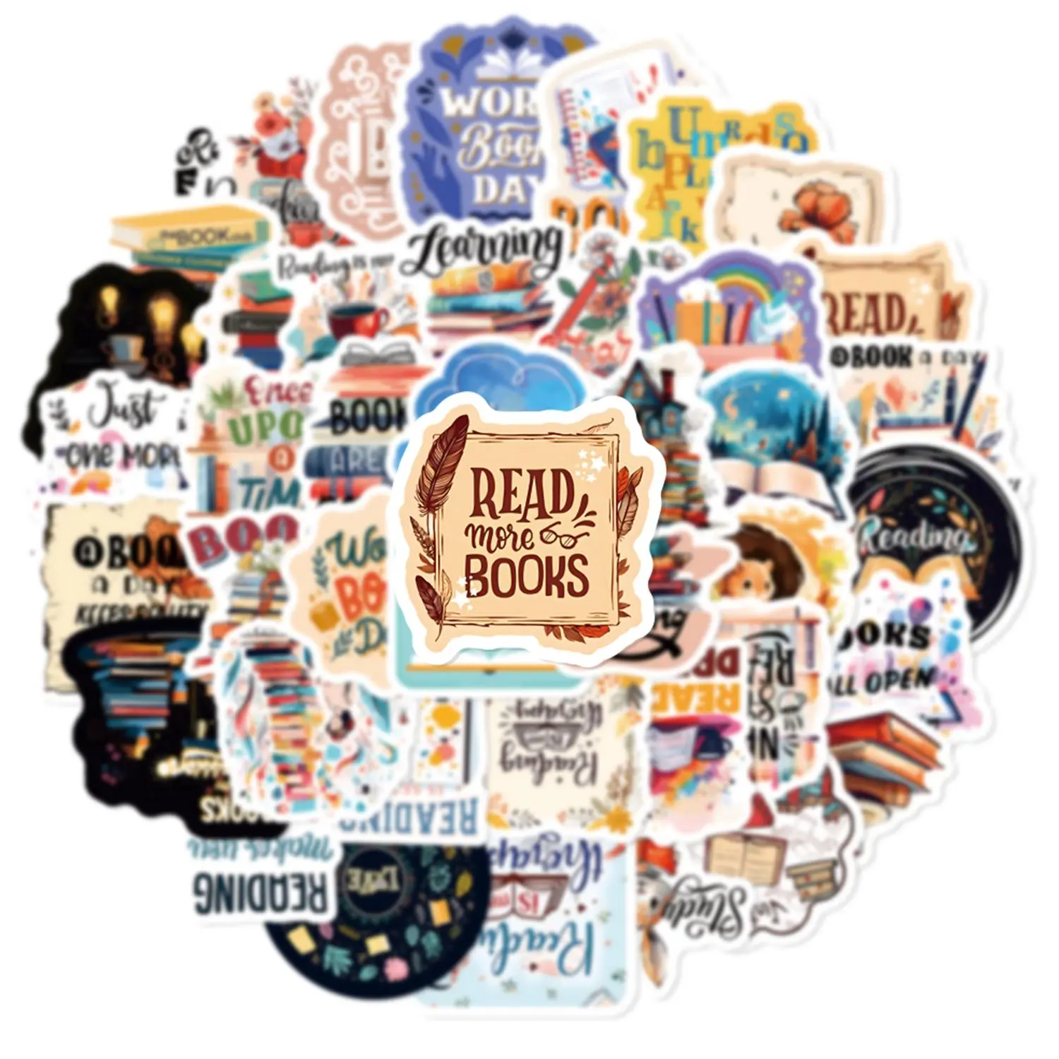 Reading Book Themed Sticker, 50pcs/set Book Patterned Decorative Sticker, DIY Decals for Water Bottle, Laptop, Phone Case, Scrapbooking, Journal Making