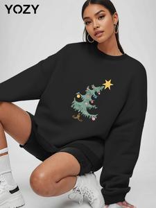 YOZY Women's Cartoon Tree Print Drop Shoulder Sweatshirt, Casual Long Sleeve Round Neck Pullover for Fall & Winter, Ladies Clothes for Daily Wear