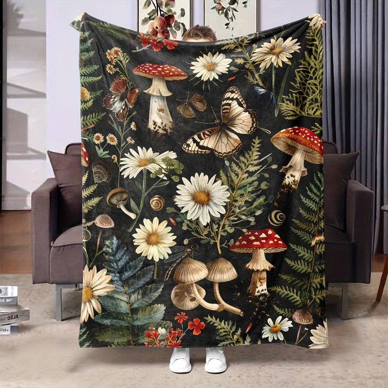 Product Introduction of Mushroom & Flower Pattern Blanket, 1 Count Soft Warm Throw Blanket, Air-conditioned Room Blanket, Warm Nap Blanket for Home Office 2