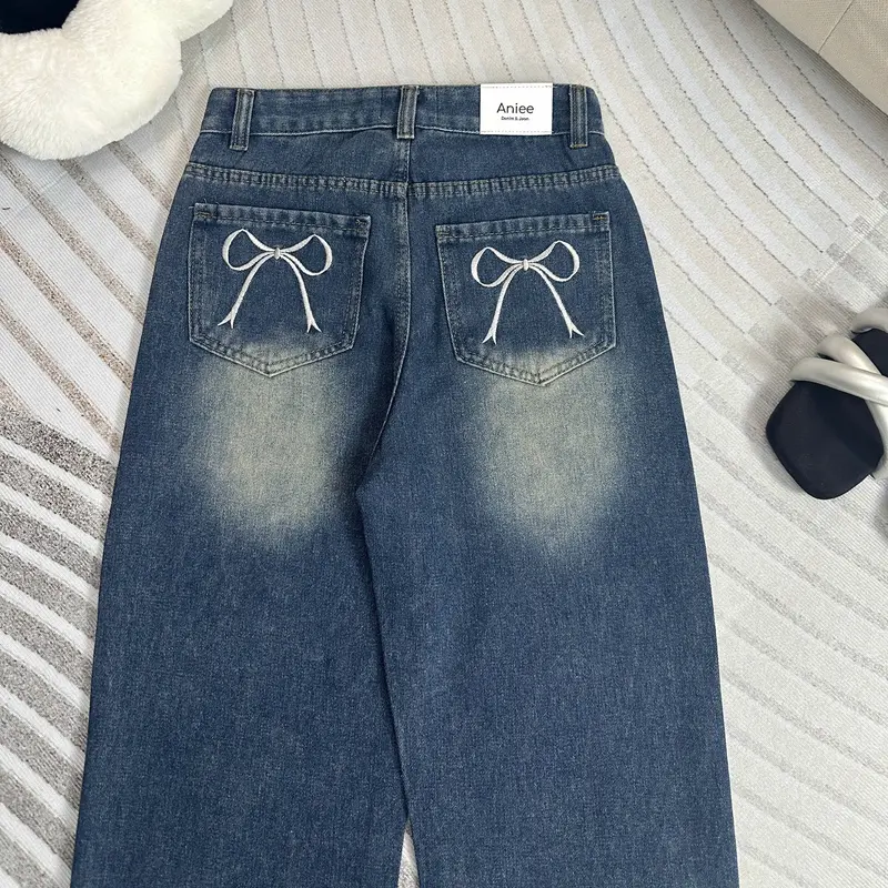 Quần jean ống rộng,quần bò nữ ống suông Aniee cạp cao thêu nơ túi vải denim màu xanh sáng dài 90-92cm dành cho nấm lùn - SUONGTHEUNO Women 8
