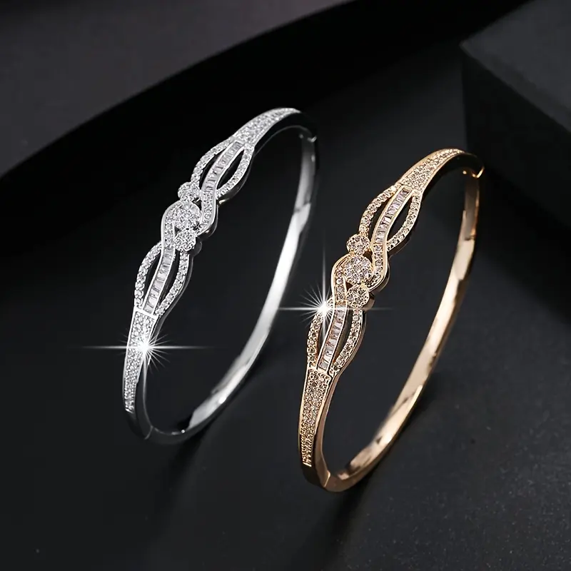 Elegant Golden-Tone Starry Sky Bracelet with Sparkling Zirconia Crystals - Luxurious Copper Bangle for Everyday & Party Wear, Bangle Bracelet 1