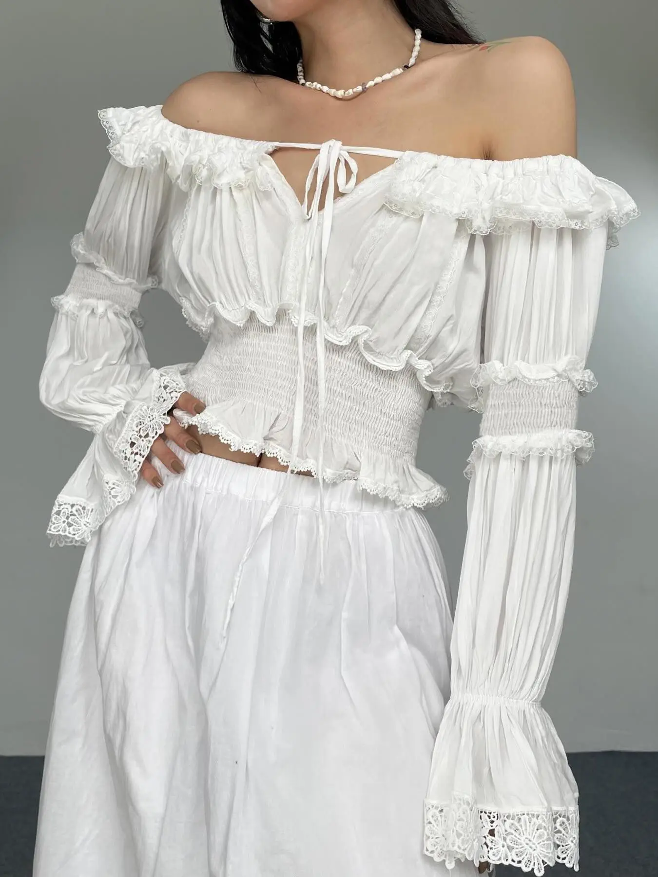 Women's Plain Contrast Lace Frill Trim Shirred Off Shoulder Blouse, Elegant Flounce Sleeve Tie Front Crop Top for Spring & Fall, Women's Clothes for Daily Wear