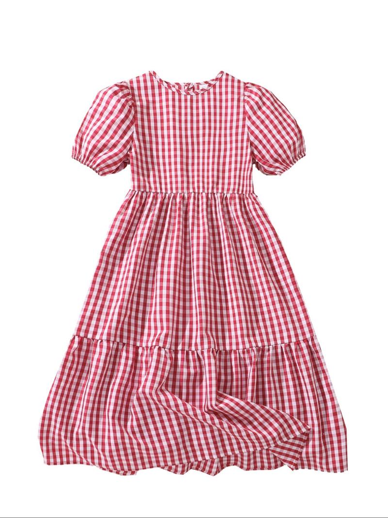 Product Introduction of Girl's Plaid Print Short Sleeve Dress, Casual Round Neck Dress for Summer, Kids Clothes for Daily Wear 7