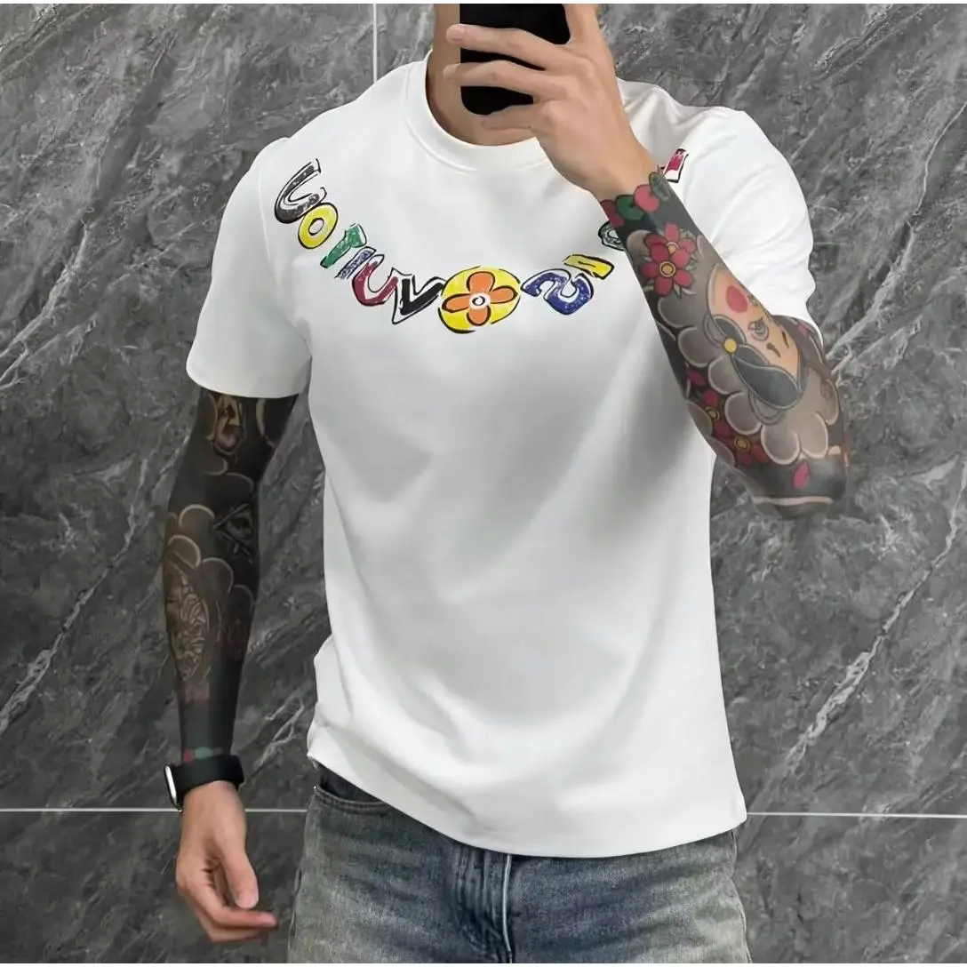 Mùa hè ngắn tay mens ngắn tay áo thun giản dị xu hướng thời trang in áo thun vòng cổ lỏng lẻo thể thao thoáng khí