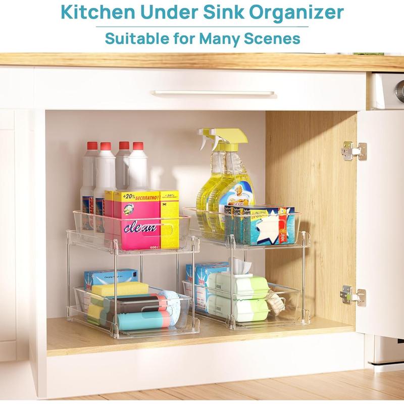Bathroom Organizer, 2 Tier Clear Under Sink Organizers Vanity Countertop Storage Container,Cabinet Drawers Bins, Pull-Out Organization with Track for Pantry, Kitchen 5