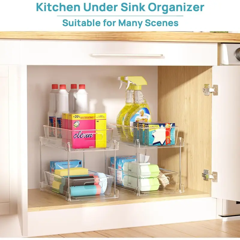 Bathroom Organizer, 2 Tier Clear Under Sink Organizers Vanity Countertop Storage Container,Cabinet Drawers Bins, Pull-Out Organization with Track for Pantry, Kitchen Boxes 5