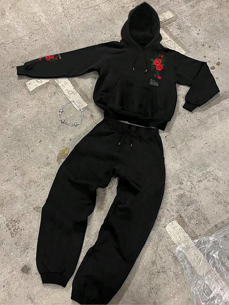 Product Introduction of Men's Regular Fit Rose Print Hoodie & Sweatpants Set, Casual Long Sleeve Hooded Sweatshirt & Jogger Pants, Men's Spring & Fall Clothes 3