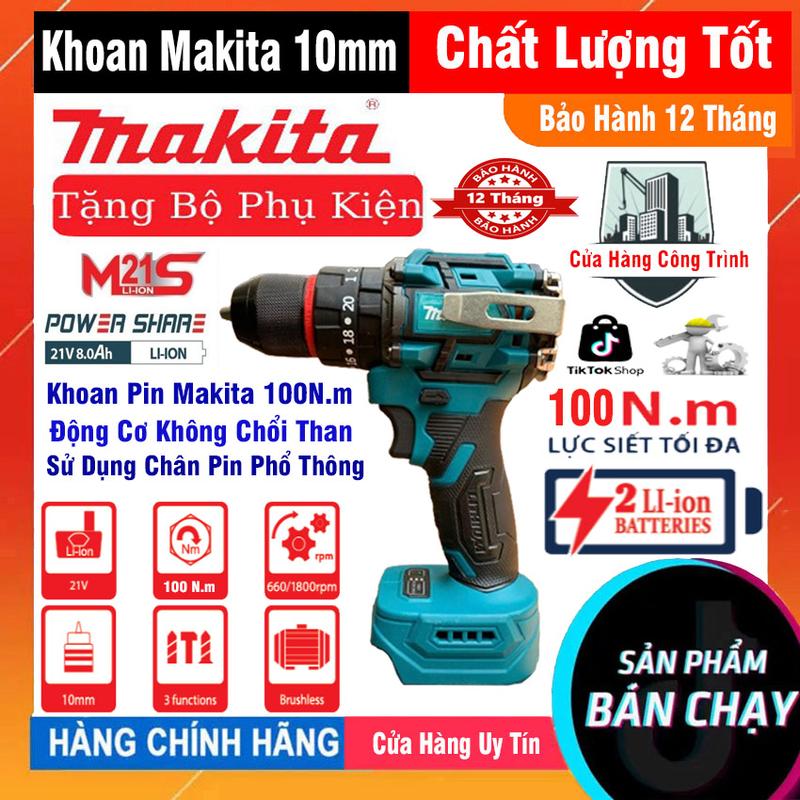 Máy Khoan Pin MAKITA 100N.m Pin 10 Cell 119V KHÔNG CHỔI THAN 10mm khoan búa bắn vít mạnh mẽ bảo hành 12 tháng