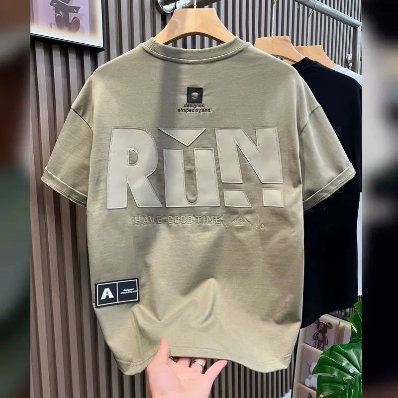 Áo Thun Thêu Thương Hiệu Thời Trang Mới, Ngắn Tay, Dành Cho Nam Giới, Phong Cách Mỹ, Thả Vai, Dáng Rộng Vừa Vặn, Dễ Phối Đồ, Chữ Lớn, Sve Nửa, 2025 Menswear Cổ Tròn