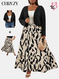 CURVZY Plus Size Leaf Print Tank Dress & Crop Cardigan Two-Piece Set, Women Plus Clothing for All Seasons