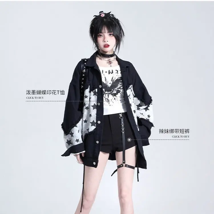 Áo Khoác Denim, Màu Đen, Dành Cho Nữ, Phong Cách Cổ Điển Mỹ Ngọt Ngào Và Ngầu Ins Hợp Xu hướng, Khâu, Dáng Rộng Vừa Vặn, Áo Khoác Có Ve Áo 4