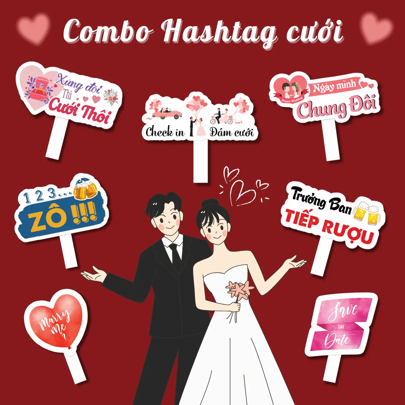 Combo 10 Hashtag cầm tay chụp ảnh Lễ Cưới, Ăn Hỏi