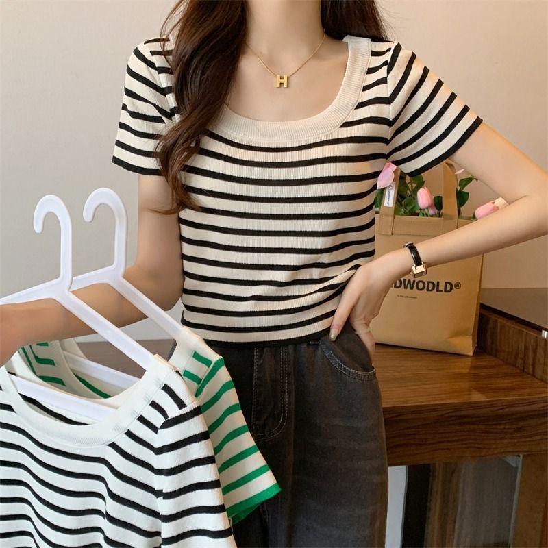 Áo Thun Ngắn Tay, Phong Cách Pháp, Cổ Chữ U Lớn, Sọc Đen Trắng, Cổ Vuông, Trang Phục Mùa Hè Cho Nữ, Thiết Kế Đẹp, Áo Xương Đòn Ngắn Độc Đáo 1