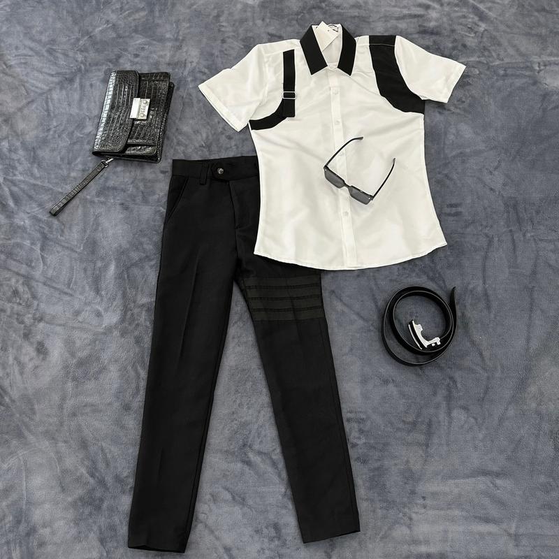 Áo sơ mi cộc tay và quần vải 4 kẻ đen mẫu mới cho các boy phố hiện nay Menswear