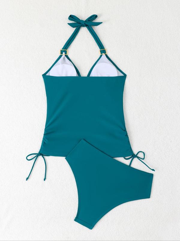 Women's Solid Color Tankini Set, Removable Padded Swim Top & High Waist Swim Bottom, Ladies Swimsuit for Beach Holiday Vacation 4