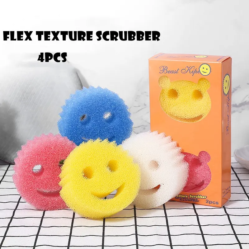 1/2/4PCS Creativity Magic Dishwashing Sponge Household Kitchen Bathroom Smiley Magic Cleaning Wipe Strong Scouring Pad