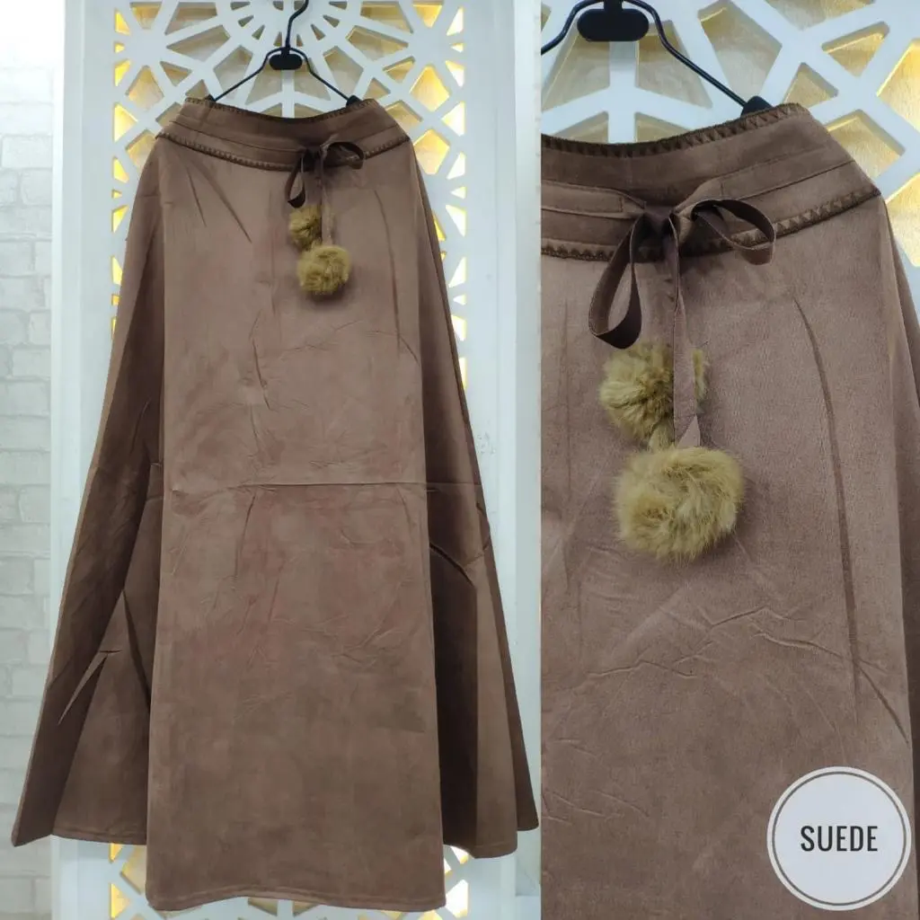 ROK SUEDE POMPOM  PREMIUM A-Line Polos Fit Karet Wanita Panjang Bawahan Maxi