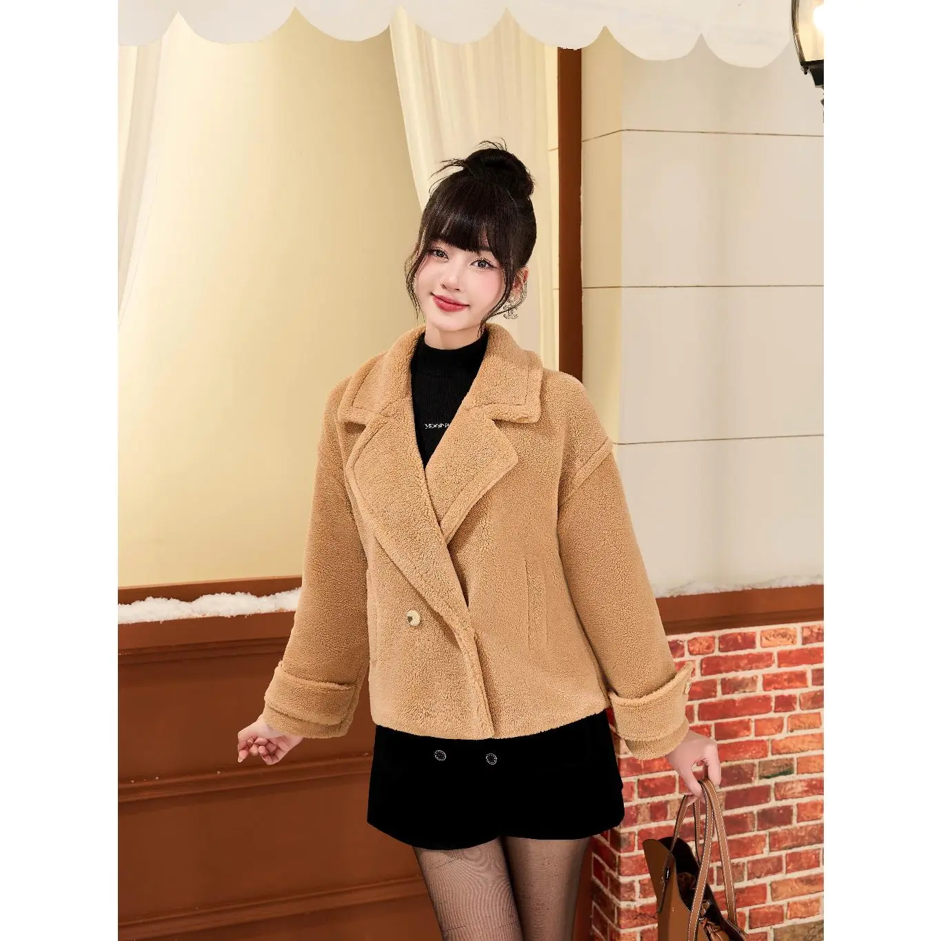 Áo khoác lông cừu thiết kế cổ vest dáng suông basic màu nâu thời thượng YOONA - ND19S494