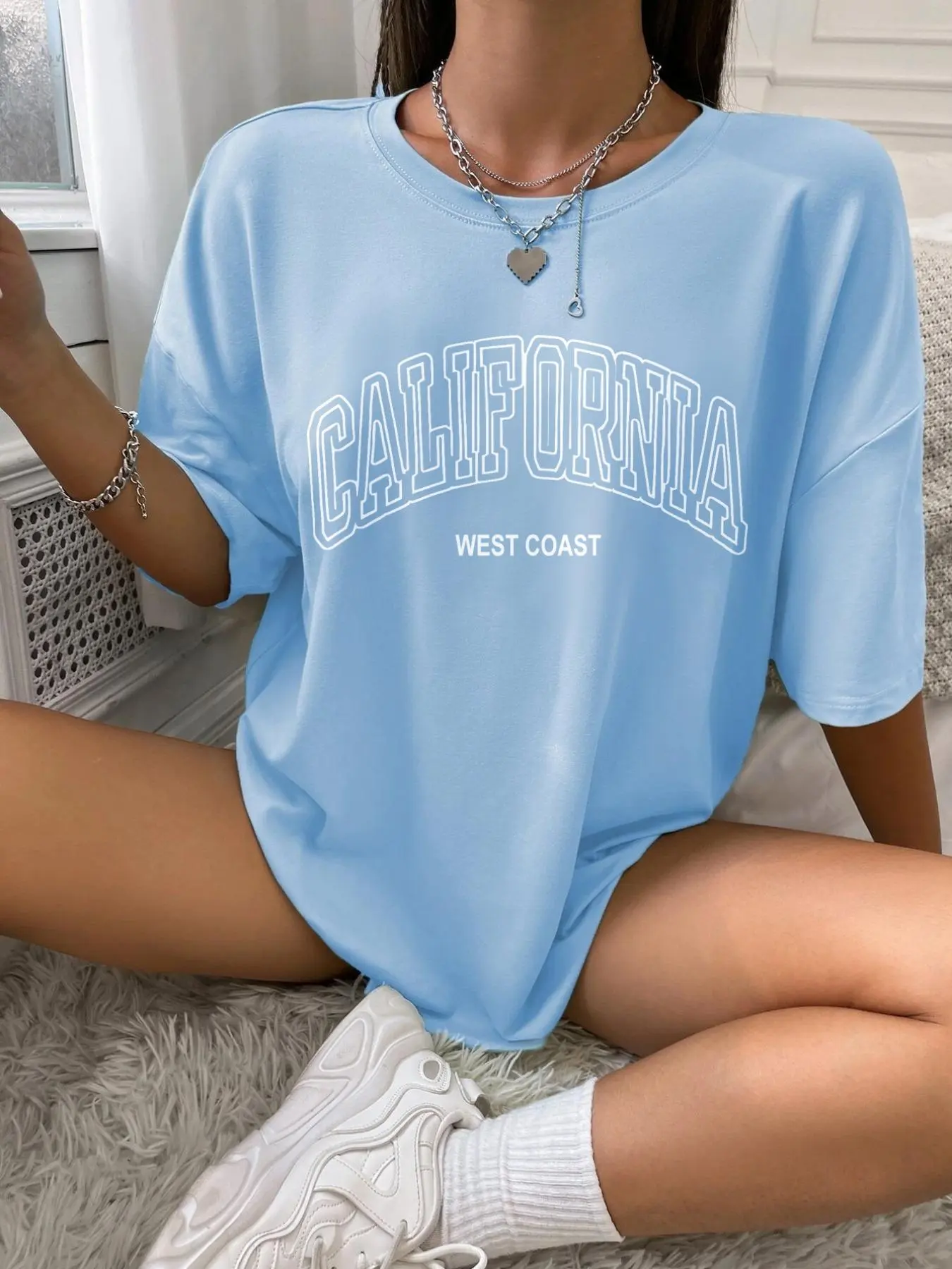 Women's Letter Print Drop Shoulder Tee, Summer Clothes Women, Casual Street Half Sleeve Round Neck T-shirt for Summer, Women's Top for Daily Vacation Outdoor, Summer Clothes Womenswear