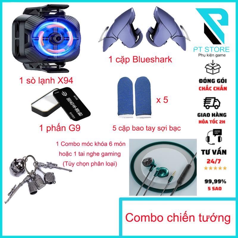Combo chiến tướng: 1 Quạt sò lạnh X94 + 1 Cặp nút bấm chơi game BlueShark + 1 hộp phấn chơi game G9 + 1 combo móc khóa 6 món hoặc 1 tai nghe gaming ( tùy chọn trong phân loại) + 5 cặp bao tay sợi bạc màu xanh.