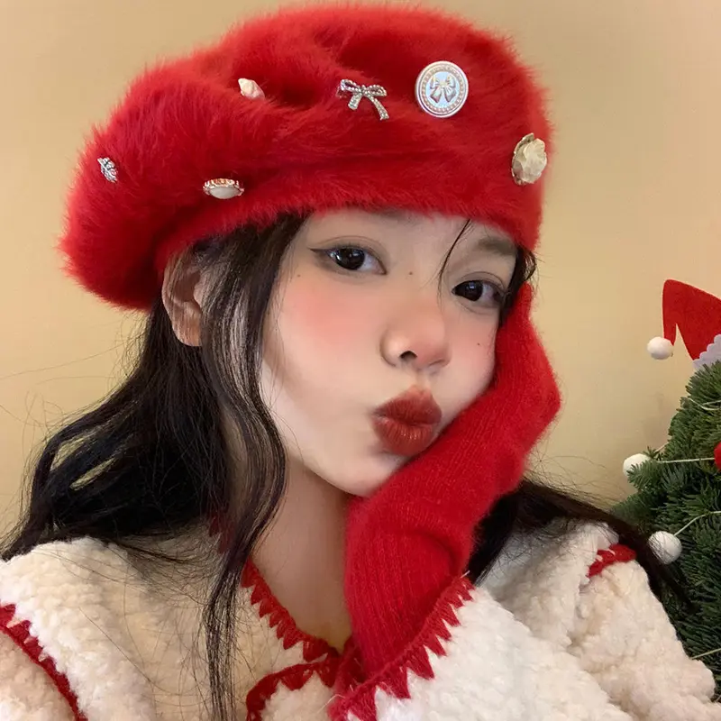 Mũ Nồi Lông Thỏ, Dành Cho Nữ, Mùa Đông, Màu Đỏ, Thích Hợp Cho Giáng Sinh Và Năm Mới, Mũ Họa Sĩ, Phong Cách Hàn Quốc, Thích Hợp Cho Khuôn Mặt Nhỏ Mũ Nhồi Bông Ấm Áp Hoa Hat Nón 5