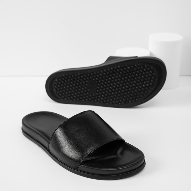 Dép da nam quai ngang da bò màu đen da tấm đế 2 lớp cao cấp DéP Slipper 8