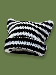 Cat Ear Design Knitted Beanies, Casual Colorful Striped Pattern Chunky Knit Beanie Hat For Women & Men, Fashion Accessories For Fall & Winter