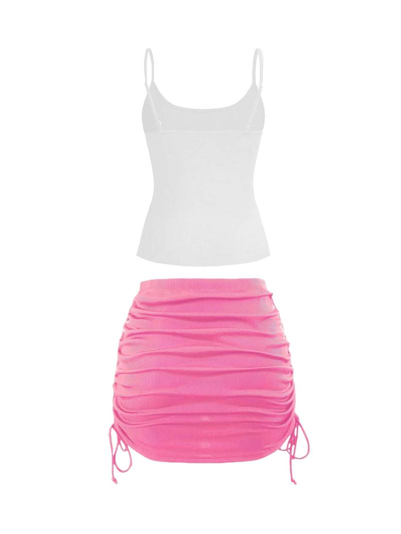 Product Introduction of Two-Piece Set Women's Solid Color Cami Top & Drawstring Side Skirt, Casual Fashion Cozy Clothing Sets for Daily Outdoor Wear, Ladies Summer Clothes 8