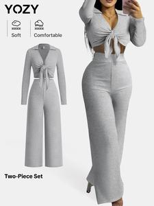 YOZY Two-Piece Set Women's Solid Knot Front Crop Top & Wide Leg Pants, Casual Long Sleeve Collared Top & Trousers for Spring & Fall, Women's Clothes for Daily Wear