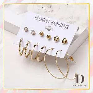 Anting Tusuk Hoop 6 Pasang / Set Korea Bulat Hati Cantik
