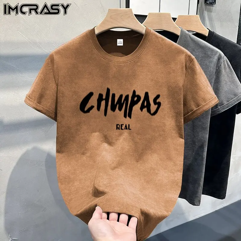 Áo Thun Da Lộn, IMCRASY, ngắn Tay, Unisex, Dáng Rộng Vừa Vặn, In Tiếng Anh, Dễ Phối Đồ, Phong Cách Thường Ngày Ins, Tay Áo Năm Phần Tư, Thích Hợp Cho Mùa Hè