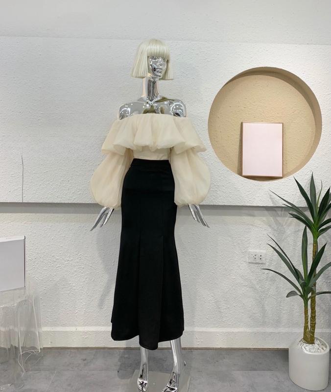 Set bộ áo tơ trễ vai mix cv đuôi cá by Thư váy C12 Nữ Women Voi Top Voi Top Chấm Bi Kem