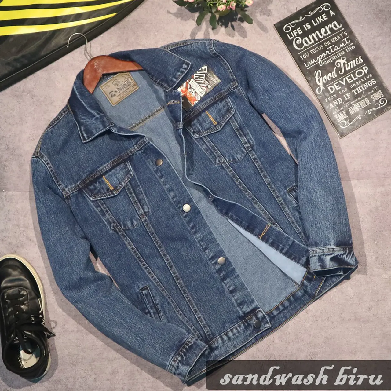 jaket jeans polos sandwash blue model kekinian harga terjangkau