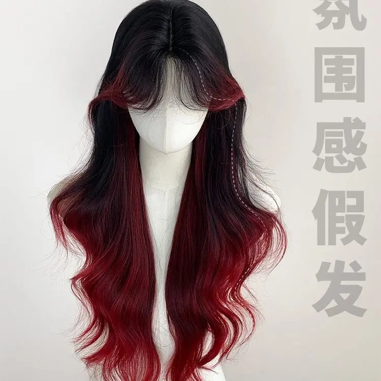 Tóc Giả Toàn Đầu, Gradient Đỏ Gradient Mới, Phong Cách Nữ Thần Tóc Xoăn Dài, Tóc Giả Ngôi Giữa, Thích Hợp Cho Các Bữa Tiệc Ngọn Lửa, [Ngọn Lửa] Hàng Mới Về 3
