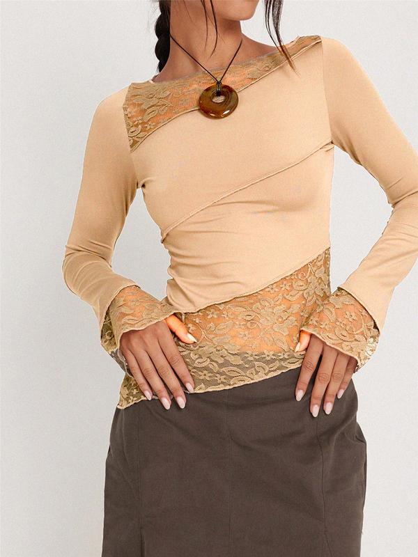 Women's Asymmetrical Hem Long Sleeve Contrast Lace Sheer Boat Neck Tee, Summer Tops, Comfort Womenswear, Minimalist Lady Top, Fashion Casual Fitted Flounce Sleeve T-shirt for Spring & Fall, Holiday Outfits, Women's Clothing for Daily Outdoor Wear 1