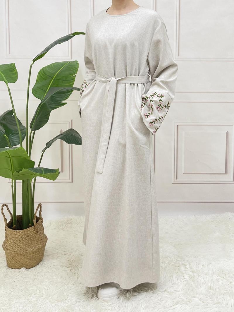 Product Introduction of Arabic Clothing-floral Embroidery Long Sleeve Belted Tunic Dress, Elegant Long Dress for Muslim Women, Women's Islamic Clothing for All Seasons, Abaya for Daily Wear, Modest Clothes 17