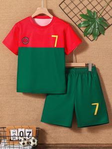 Two-piece Set Boy's Colorblock Short Sleeve Tee & Shorts, Casual Round Neck T-shirt & Shorts for Summer, Kids Clothes for Daily Wear