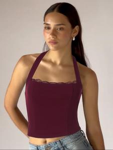 Women's Solid Lace Trim Backless Halter Neck Top, Casual Sleeveless Top for Summer, Fashion Women's Top for Daily Wear, Lace Cami