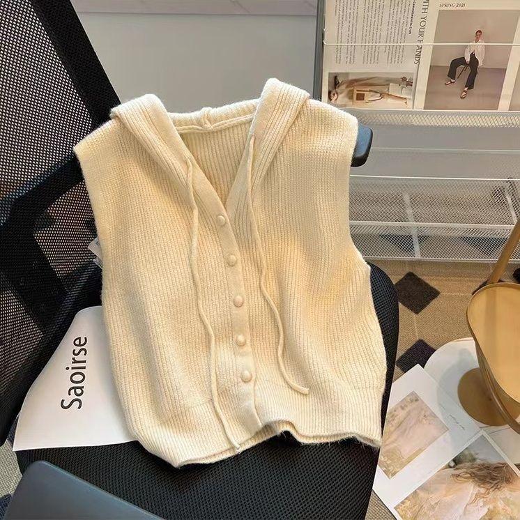 Áo Ghi Lê Cardigan Không Tay Có Mũ Trùm Đầu, Thiết Kế Ngắn, Hàng Mới Về, Áo Ghi Lê Dệt Kim, Áo Vest Dáng Rộng, Áo Khoác Len, Quần Áo Nữ, Năm 2024 3