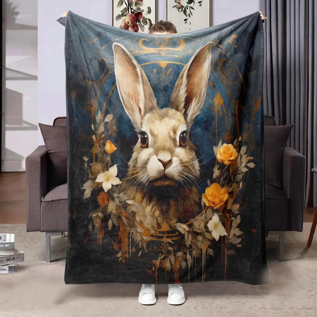 Rabbit & Flower Pattern Blanket, 1 Count Soft Throw Blanket, Air-conditioned Room Blanket, Warm Nap Blanket for Home & Office