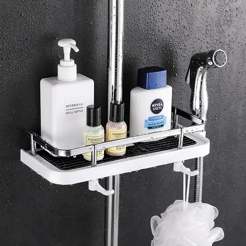 No drilling Shower Rod Storage Organizer Caddy Adjustable Adjustable Racks 1