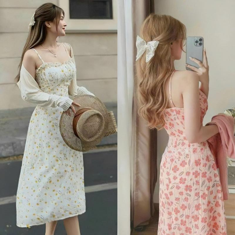 Set đầm nữ xốp hoa 2 dây cúp ngực có lót[có mut ngực kem khoác ngoài sang chảnh dành cho các nàng diện đi chơi,đi tiệc.  Women