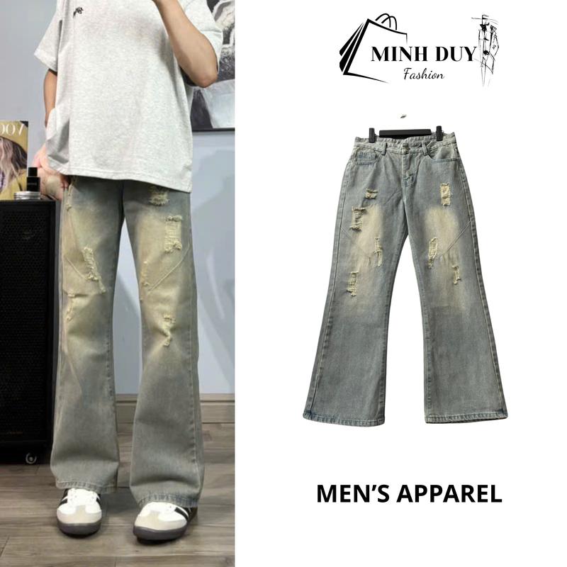 JEANS RÁCH ỐNG RỘNG - Quần jeans wash ống rộng wide leg phủ gót chùm giày unisex cao cấp Minh Duy 069