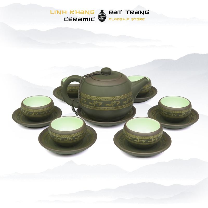 Bộ Ấm Chén Trà Tử Sa Trống Đồng Chim Lạc Màu Xanh Rêu 350ml - Nghệ Nhân Vương Mạnh Tuấn - Gốm Sứ Bát Tràng Linh Khang