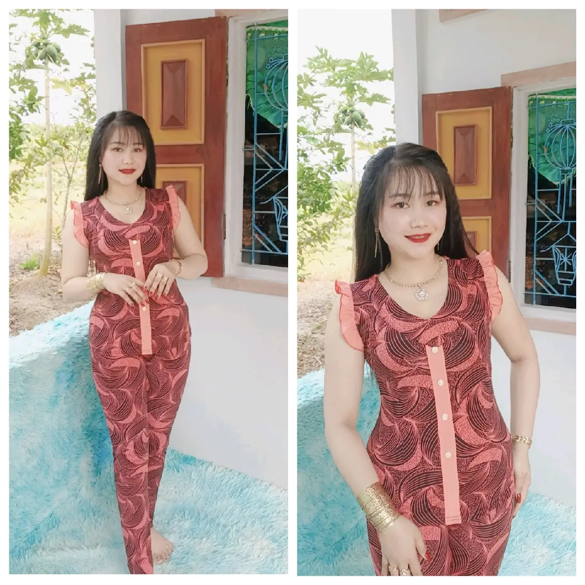 bộ thun ati cánh tiên con cổ tim viền quần dài ống nhỏ Nữ
