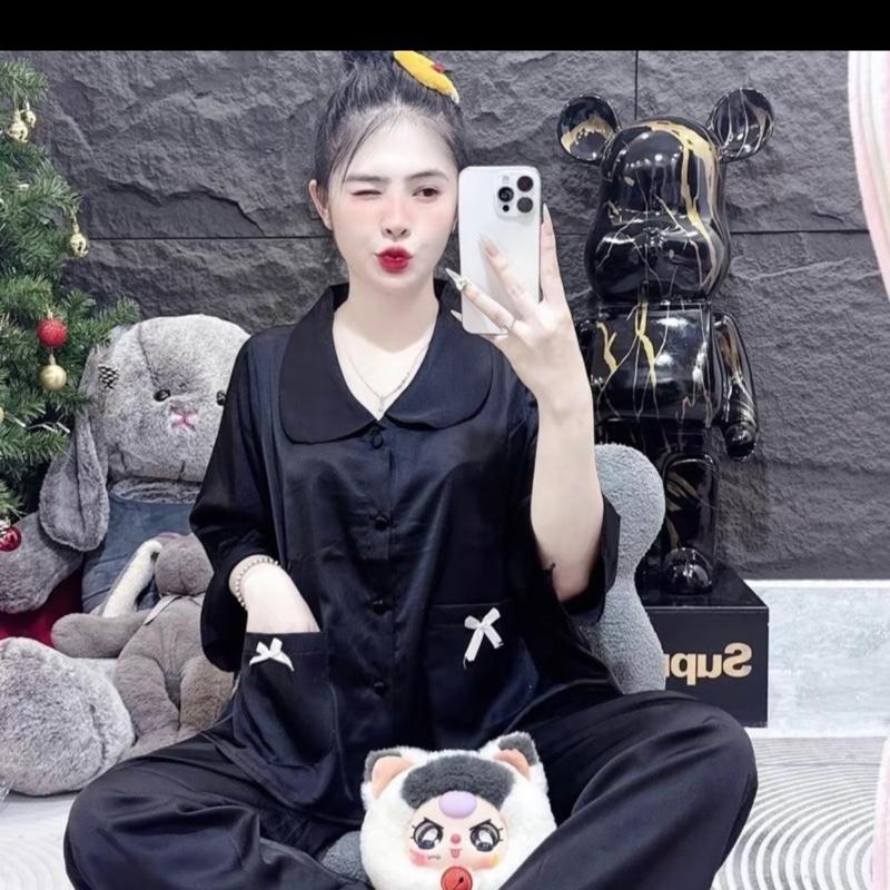 Đồ Bộ Pijama Lụa latin cổ sen tay lỡ, túi đính nơ , quần có túi (40-60kg) 2
