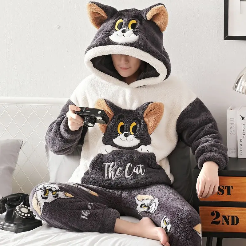 Bộ Đồ Ngủ Nhung Dày Cho Nam, Bộ Đồ Mặc Nhà Bằng Vải Flanen Ngoại Cỡ, Hoạt Hình, Lông Cừu San Hô, Cho Thanh Thiếu Niên, Mùa Thu Và Mùa Đông