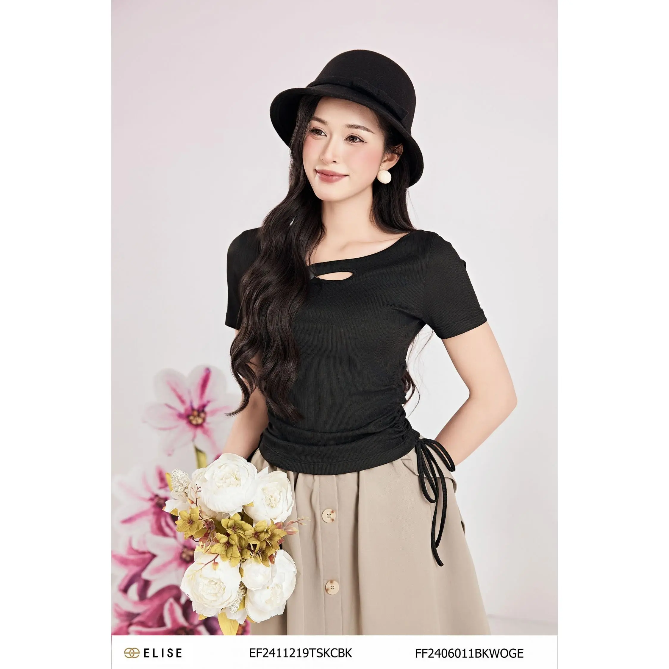 Áo thun đen rút dây sườn thiết kế Elise mã sản phẩm EF2411219TSKCBK