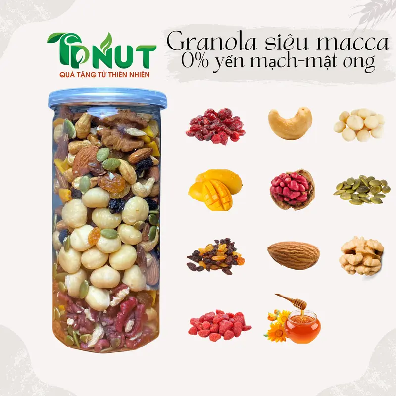 500g Granola siêu macca 0% yến mạch TPNut có nguyên vị và mật ong 1